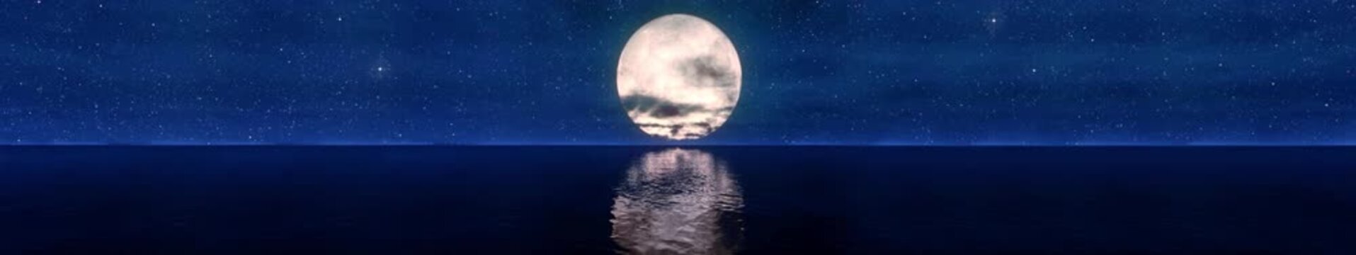 Cinematic full moon shining above the ocean with soft reflections on the water surface. Night seascape background | widescreen | looped animation