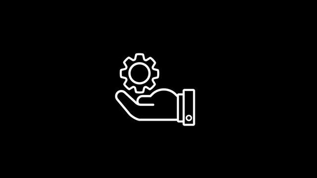 A stark white line of a hand holding a cogwheel gear is presented against a solid black background, symbolizing mechanical operations, industry, or technical solutions in a high-contrast