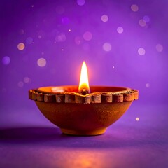 A lit clay lamp with a bright flame against a purple background