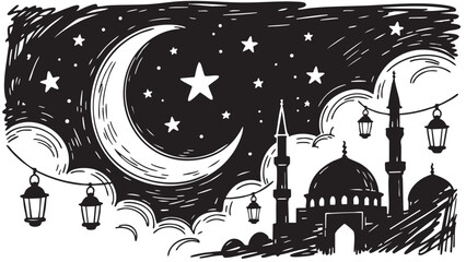 Fototapeta premium Hand-drawn silhouette sketch of a mosque with minarets, featuring a large crescent moon, stars, and decorative lanterns against a dark, scribbled nigh