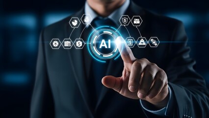 Fototapeta premium Businessman in suit interacting with futuristic ai technology interface