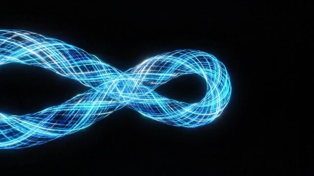 Glowing blue infinity symbol made of neon-like lines on a black background with a futuristic feel.