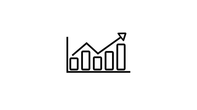 A simple black line of a bar graph with four vertical bars showing a downward trend followed by an upward arrow indicating fluctuating data and potential recovery on a white background