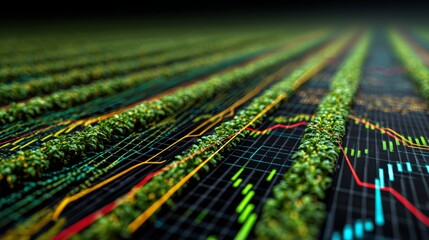 Lush green rows blend into financial data, suggesting growth and economic interplay, overlaid with lines and charts
