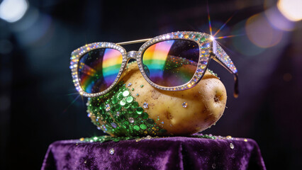Glamorous potato wearing oversized sunglasses with rainbow lenses and green jewel embellishments. Humorous vegetable fashion parody. Creative food styling concept for entertainment and social media