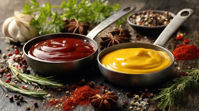 Spices and sauces: rich red ketchup and smooth yellow mustard in rustic setting.