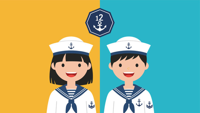 Cute boy and girl characters wearing white sailor uniforms and hats standing on a split yellow and blue background.