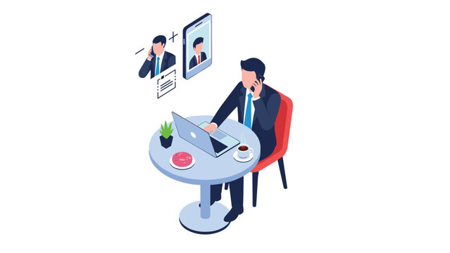Businessman multitasking at a cafe table with a laptop, coffee, and a phone call, representing the modern remote work lifestyle.