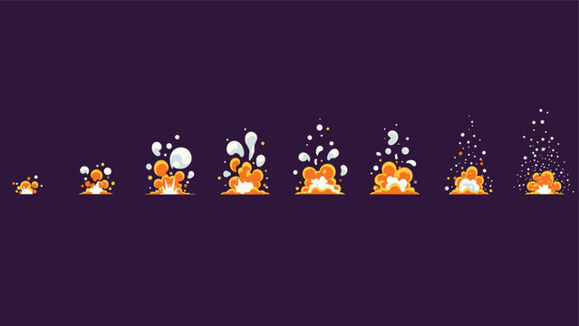 Sequence of explosion animation frames showing the stages of a blast with fire smoke and debris in pixel art style.