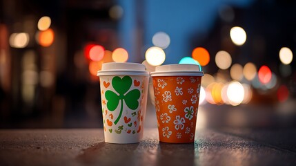 Two festive coffee cups on a city street at dusk with shamrock and snowflake designs