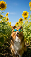 Obraz premium Sheltie dog wearing yellow sunglasses in sunflower field, reflecting sunflowers and blue sky, representing summer, happiness, and fun adventure