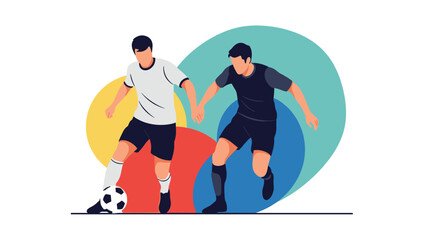 Obraz premium Two soccer players in action competing for the ball against a colorful abstract background representing intense sports competition.