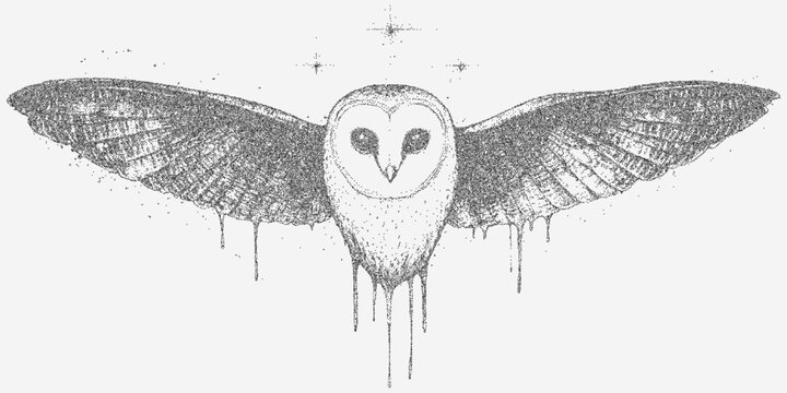 Flying owl print with stipple shading, grainy texture, subtle dust overlay and faint stains for a mysterious aged illustration effect.