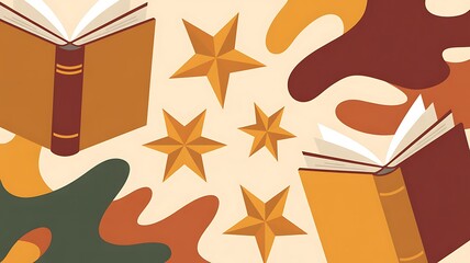 Fantasy Education Concept with Books and Stars on Fluid Abstract Background.