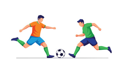 Obraz premium Two professional male athletes in orange and green jerseys playing soccer and competing for the ball on a white background.