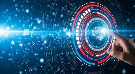 Artificial Intelligence Interface Concept with Human Finger Touching Digital Brain Network and Futuristic HUD