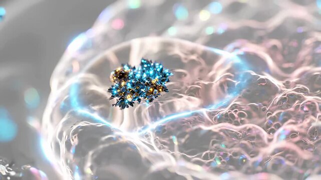 Vibrant nanoparticles interacting with cell membrane in modern scientific illustration