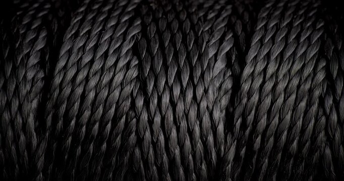 Woven Texture Background Loop. Texture of Dark rough twine. Video presenting a continuous dark gray woven thread texture.