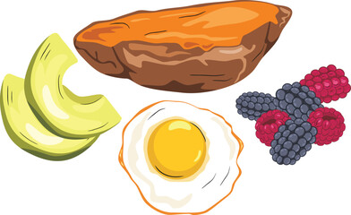 Fried egg, sweet potato, avocado, blackberry and raspberry for breakfast