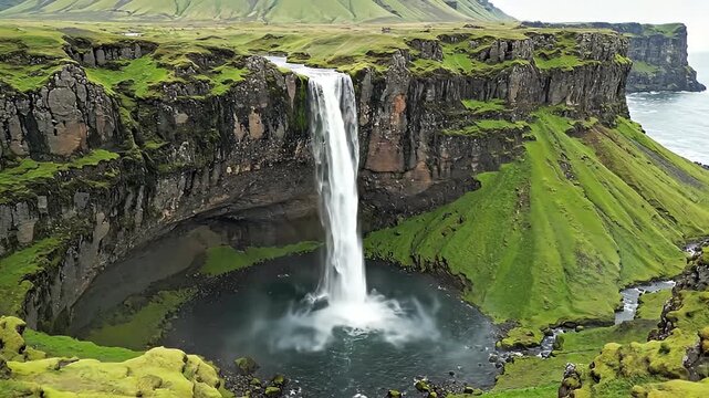 Exploring a Majestic Waterfall in a Lush Green Cliffside Landscape