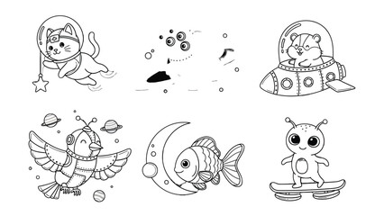 Celestial Creatures: A set of whimsical and delightful cartoon illustrations, featuring an array of adorable animals embarking on cosmic adventures. © mahmuda428