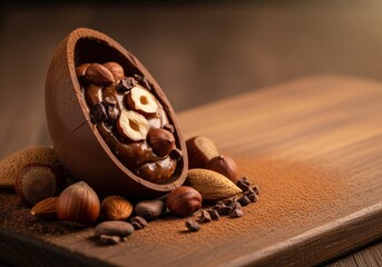Delicious Chocolate Egg Filled with Hazelnut Cream and Assorted Nuts on Wooden Surface