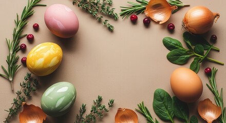 Colorful Easter Eggs Surrounded by Fresh Herbs and Vegetables on Neutral Background