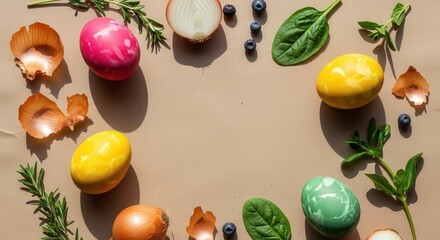 Colorful Easter Eggs Surrounded by Fresh Herbs and Vegetables on Neutral Background