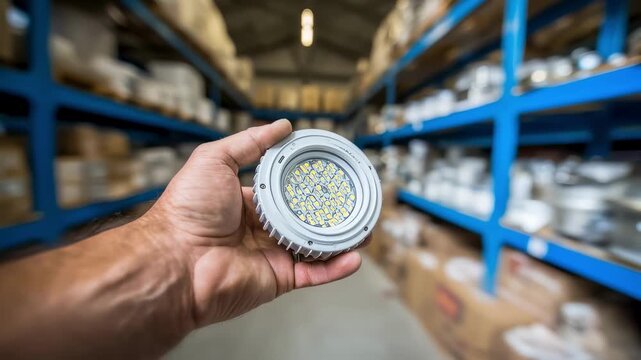 Clear medium shot of a hand adjusting an LED downlight with indistinct warehouse racks of energysaving lighting materials in the background.