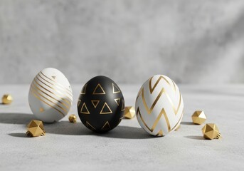 Decorative Easter Eggs with Gold Patterns on a Minimalist Grey Background