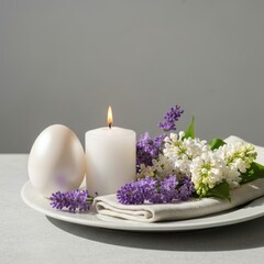 Elegant Table Setting with White Candle, Egg, and Fresh Flowers on Gray Background