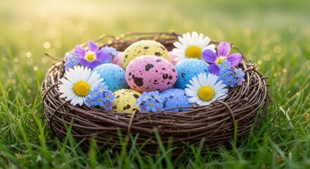 Colorful Easter Eggs Nestled in a Natural Grass Setting Surrounded by Flowers
