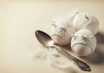 Beautifully Decorated Eggs with Lace, Pearls, and Spoon on a Soft Background