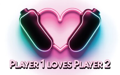 Neon Gaming Heart with Player 1 Loves Player 2 Text for Valentine's Day.