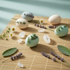 Elegant Spring Table Arrangement with Decorative Eggs and Fresh Lavender Sprigs