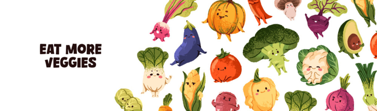 Design of banner with kawaii vegetables characters. Template with cute veggies with different emotions, poses. Layout with funny agriculture crops, farm foods with faces. Flat vector illustration