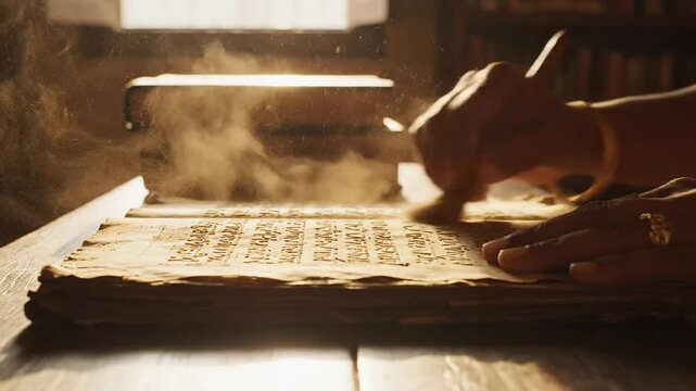 Dedicated hand studies fragile historical manuscript illuminated by sun rays, honoring the vedic knowledge of maharishi dayanand saraswati jayanti.