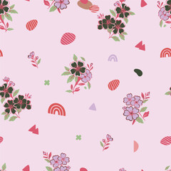 Decorative seamless pattern featuring hand drawn doodle flowers and abstract rainbows for nursery textile print and packaging design background.