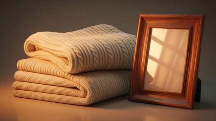 Cozy Interior Mockup with Folded White Knit Blankets and Wooden Picture Frame.