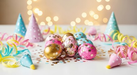 Colorful Party Scene with Decorated Eggs and Festive Party Hats for Celebration