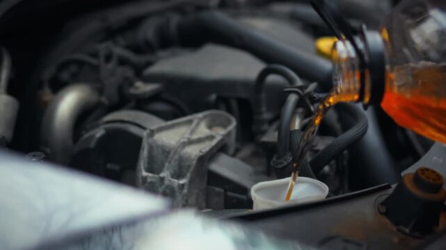A mechanic pours technical fluid into the engine compartment of a vehicle in a garage, performing routine car maintenance to ensure clear windows, highlighting the care and repair process involved