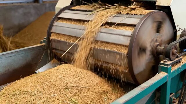 Medium shot of a rotary cleaner efficiently separating straw and impurities from paddy grains showcasing industrial agricultural processing equipment in action.