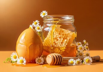 Fresh Honey and Egg with Flowers on a Warm Brown Background in Natural Lighting