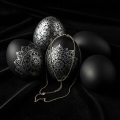 Elegant Black Eggs with Intricate White Mandala Designs and Delicate Chain Jewelry