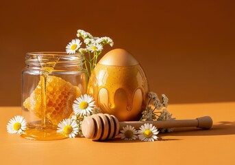 Golden Honey Jar with Dripping Honey and Fresh Flowers on Warm Orange Background