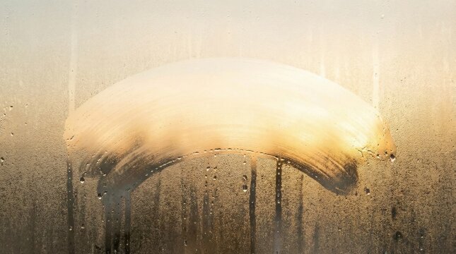 Moisture on Glass with Smudged Arc and Water Droplets in Warm Light