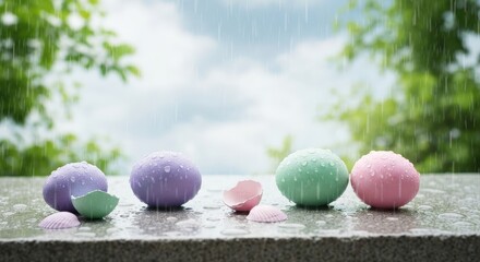 Colorful Eggs with Raindrops on a Wet Surface in a Natural Outdoor Setting