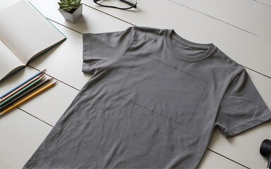 Men's Gray Cotton T-shirt Mockup on Wooden Desk with Books and Stationery.