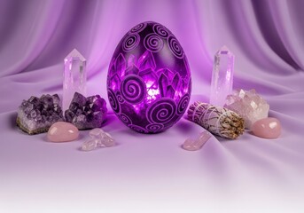 Purple Decorative Egg Surrounded by Crystals and Natural Elements on Satin Background
