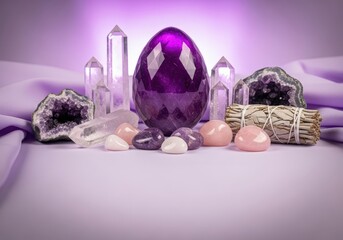 Vibrant Amethyst Egg Surrounded by Crystals and Healing Stones on Soft Lavender Fabric